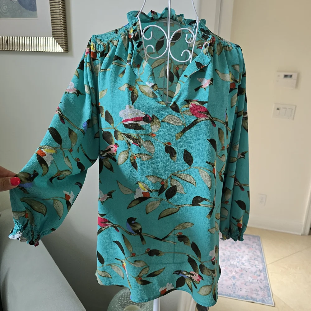 Vibrant Teal Floral Blouse - Picture 1 of 10